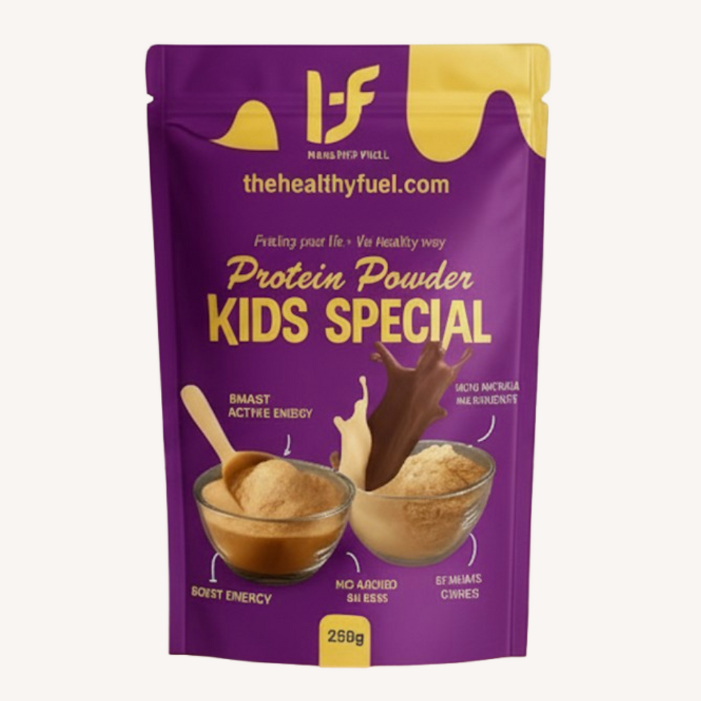 Purple package of 'Kids Special' protein powder with a yellow logo and text.