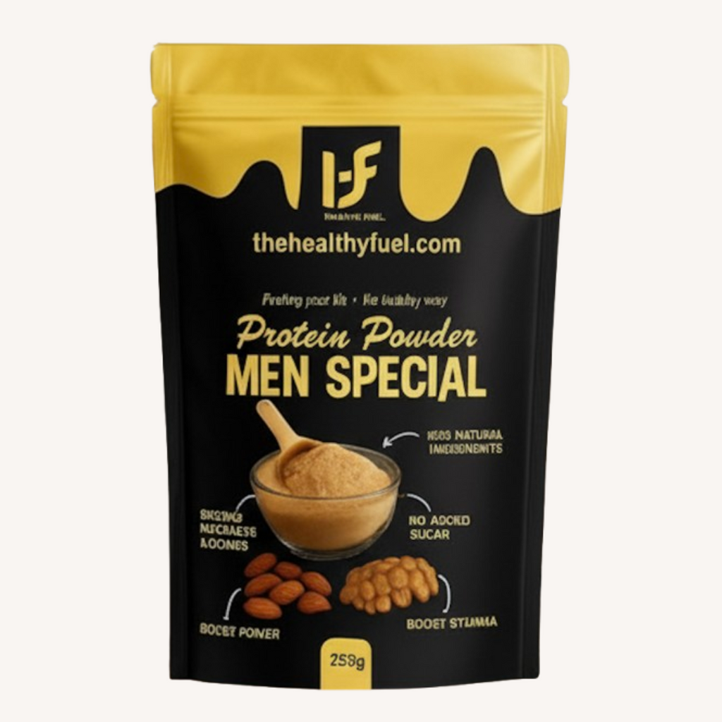 Protein powder package with yellow and black design on a white background